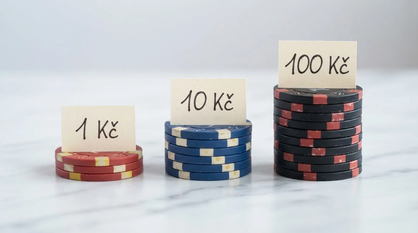 Tři hromádky mincí: 1 Kč, 10 Kč a 100 Kč s visačkami minimálního vkladu tří různých operátorů