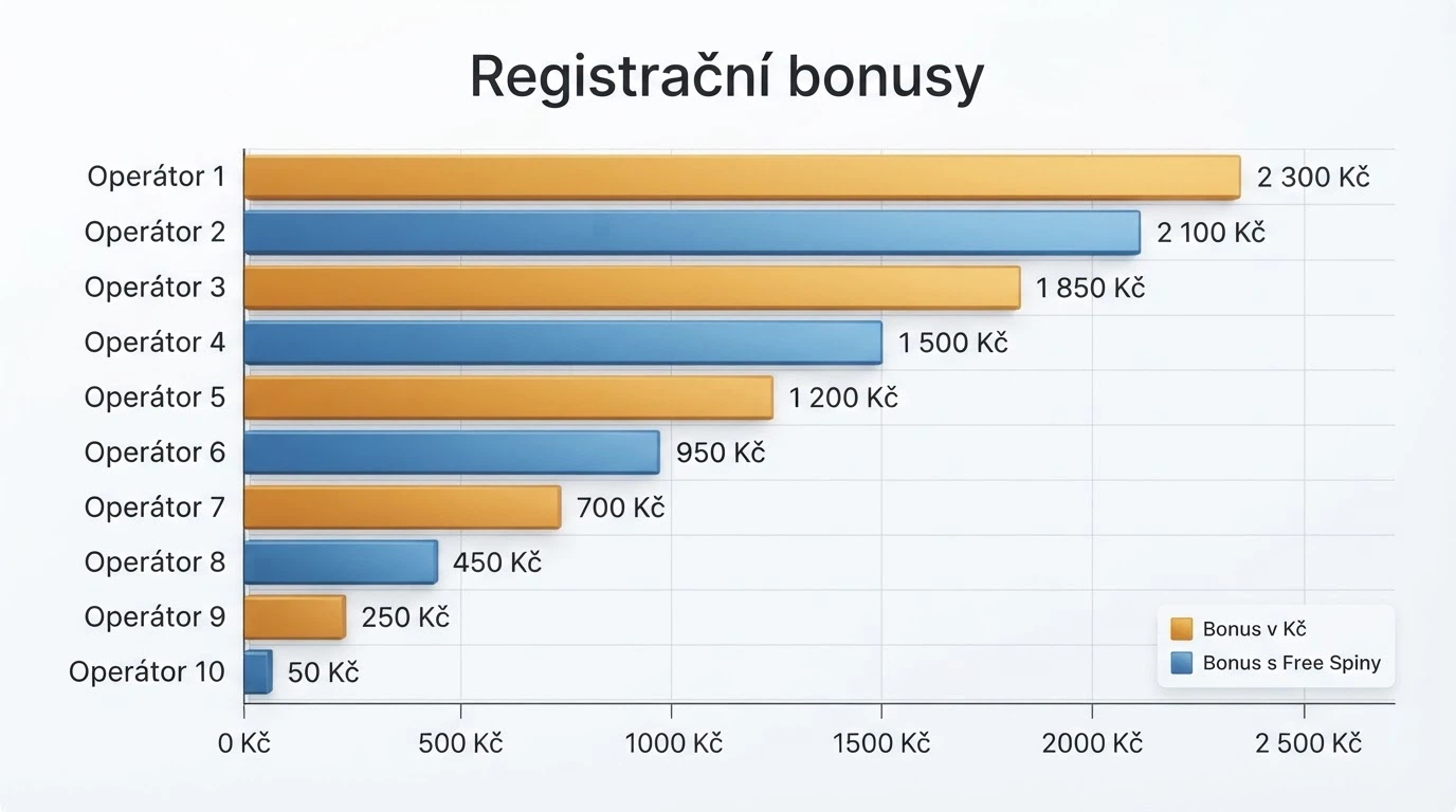 Srovnávací tabulka registračních bonusů s logy operátorů a zvýrazněnými hodnotami bonusů v Kč.