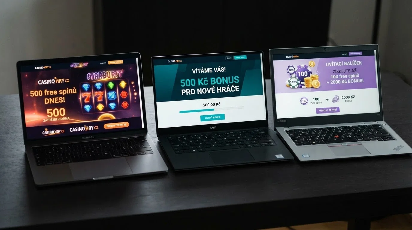 Koláž tří obrazovek českých online casin s různými uvítacími nabídkami — free spiny, bonusové peníze a kombinovaný balíček.
