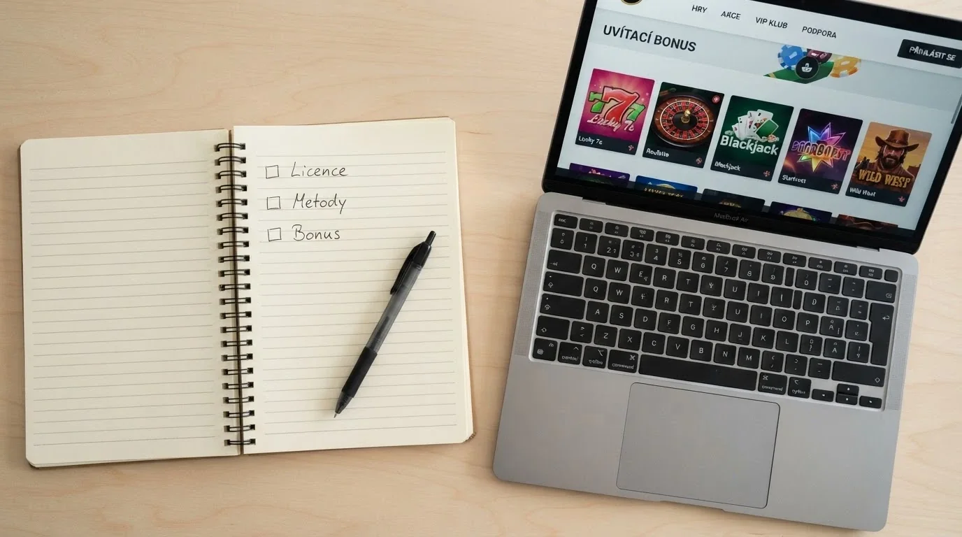 Seznam tří zaškrtávacích bodů (licence, metody, bonus) na poznámkovém bloku vedle otevřeného laptopu s kasinem