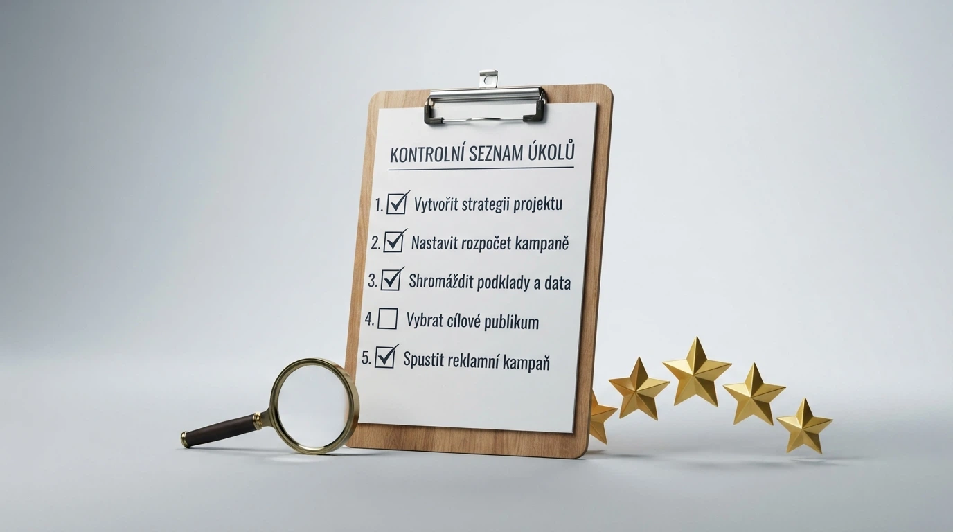 Checklist ověřovacích kroků před registrací — ikona licence, lupy nad dokumentem, hodnocení hvězdičkami