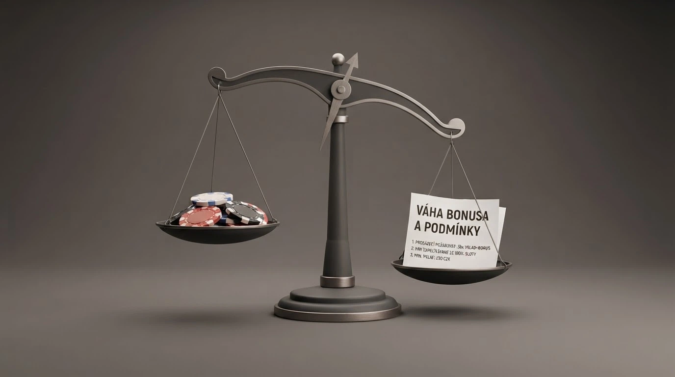 Stylizovaná váha — na jedné misce žetony s nápisem „free spiny“, na druhé paragraf s podmínkami protočení