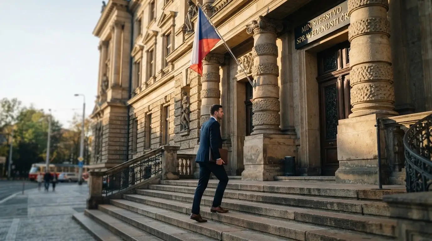 Úřední budova Ministerstva financí ČR, v popředí paragraf s textem zákona o hazardních hrách.