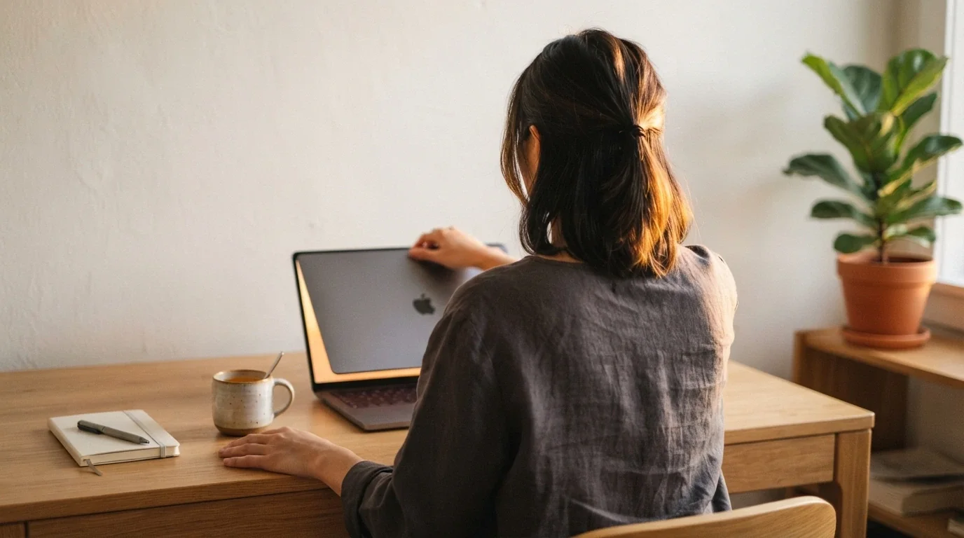 Hráč zavírající notebook s mírným úsměvem — rozhodnutí je na něm