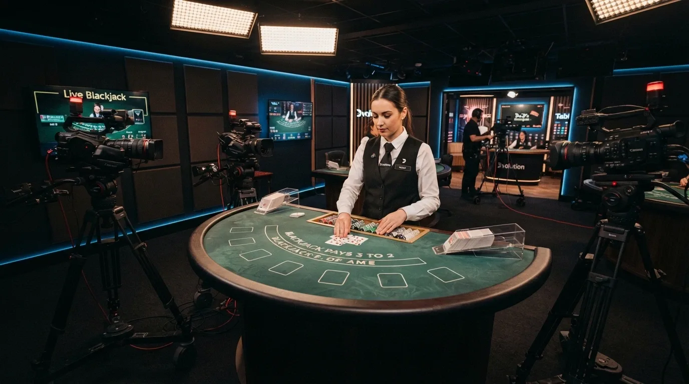 Profesionální krupiér u blackjackového stolu v osvětleném live studiu s HD kamerami