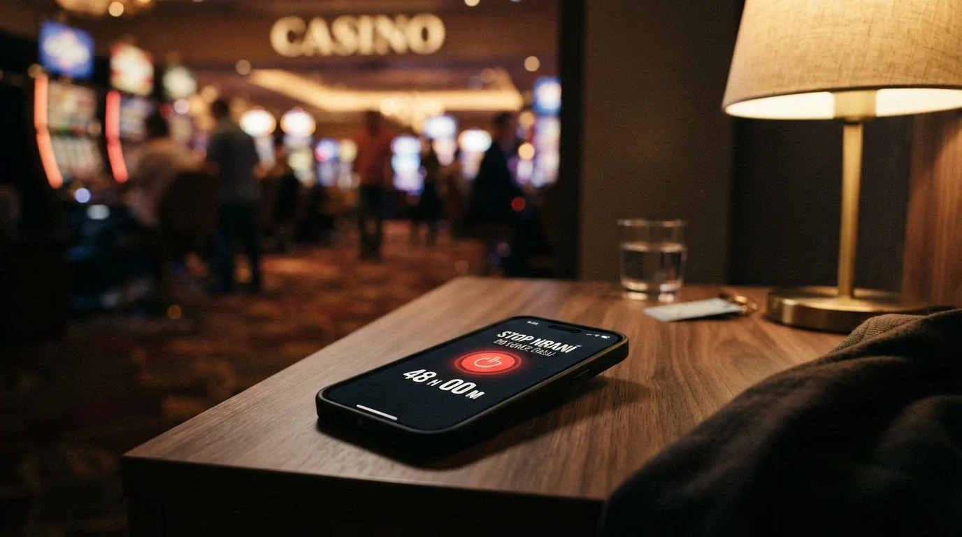Ikona panik tlačítka na obrazovce telefonu, vedle ní hodiny ukazující 48hodinové odpočítávání, v pozadí rozostřené casino lobby