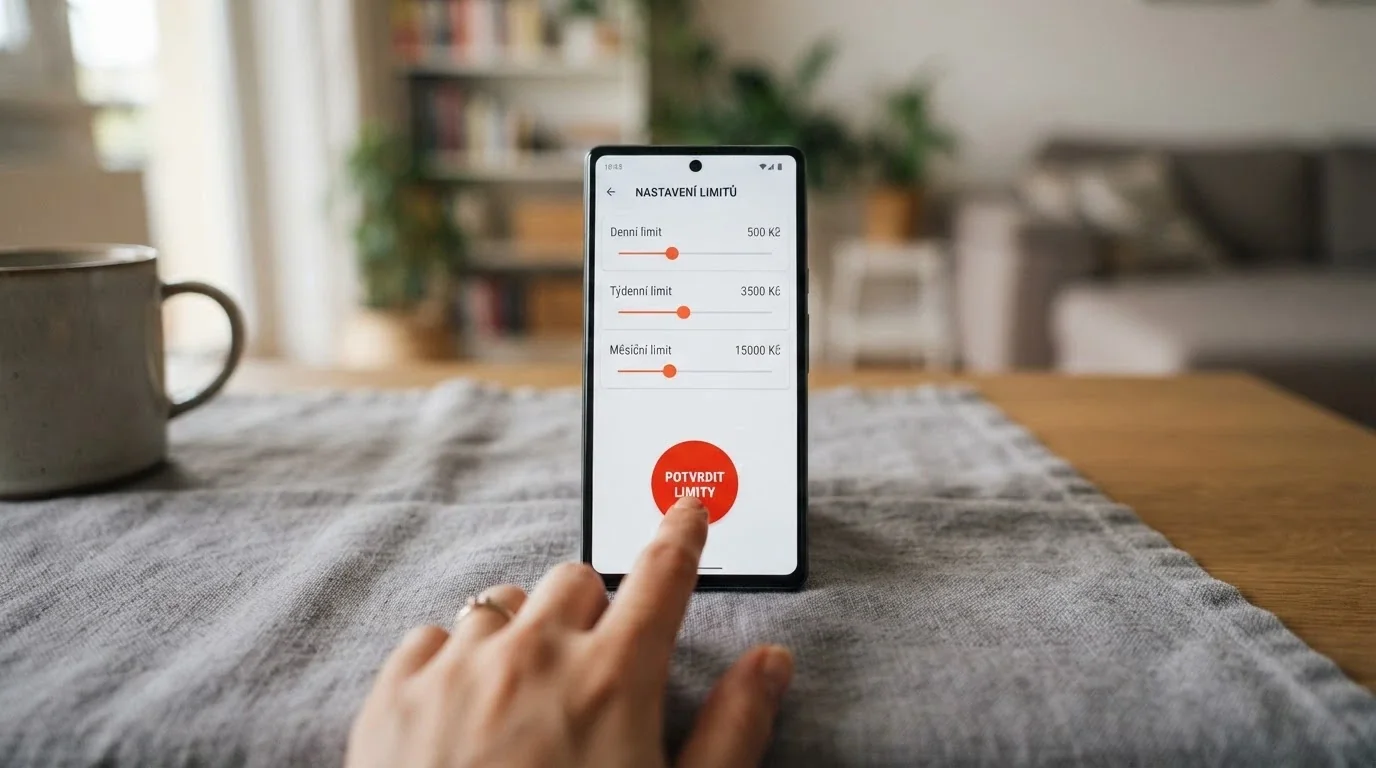 Ruka na tlačítku s nápisem „panic button“ nebo obrazovka s nastavením herních limitů (denní/týdenní/měsíční strop)