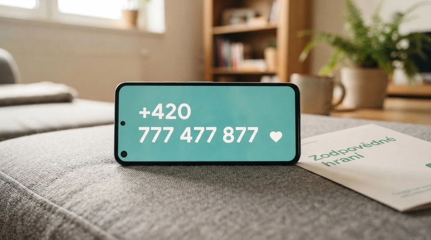 Telefon s číslem Linky pomoci +420 777 477 877 na displeji, vedle logo Zodpovědné hraní