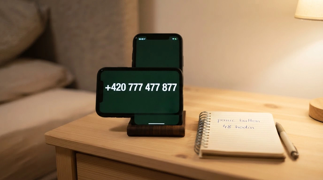 Telefon s vytočeným číslem linky pomoci, vedle něj poznámkový blok s heslem „panic button“ a číslem 48 hodin