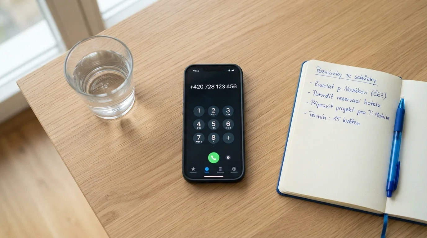 Telefon s vytočeným číslem 777 477 877 na displeji, vedle sklenice vody a poznámkového bloku