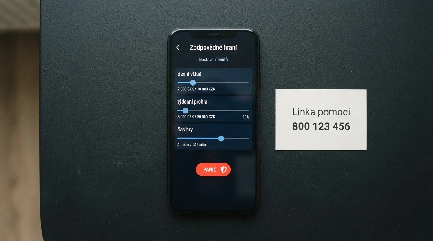 Obrazovka s nastavením herních limitů — posuvníky „denní vklad“, „týdenní prohra“, „čas hry“ — vedle logo Linky pomoci a tlačítko panic button