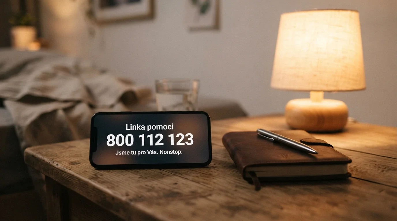 Telefon s vytočeným číslem linky pomoci, vedle zápisník s kontakty na poradny a logo Naberte kurz.